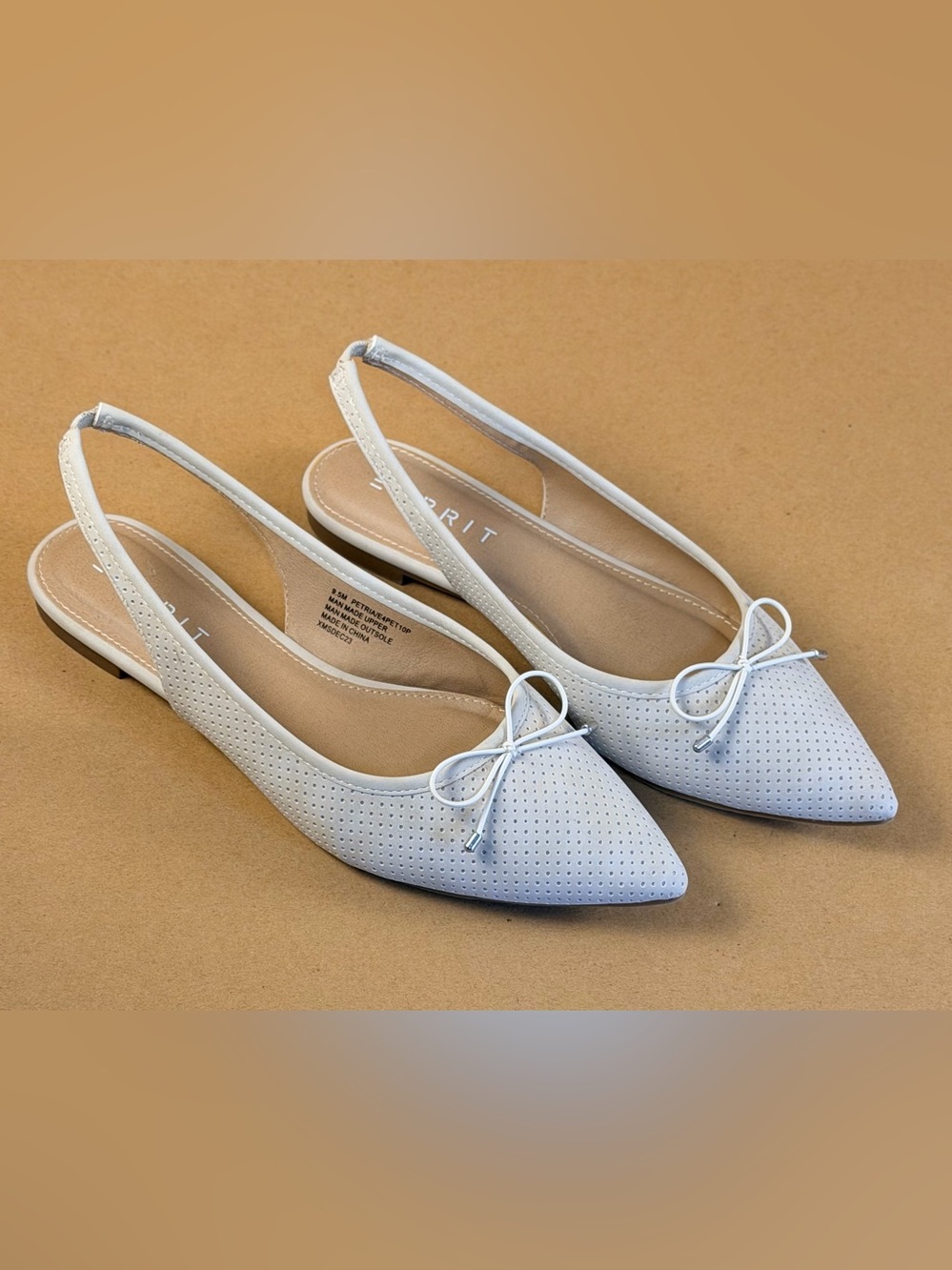 Esprit White Perforated Pointed Slingback Flats with Bow